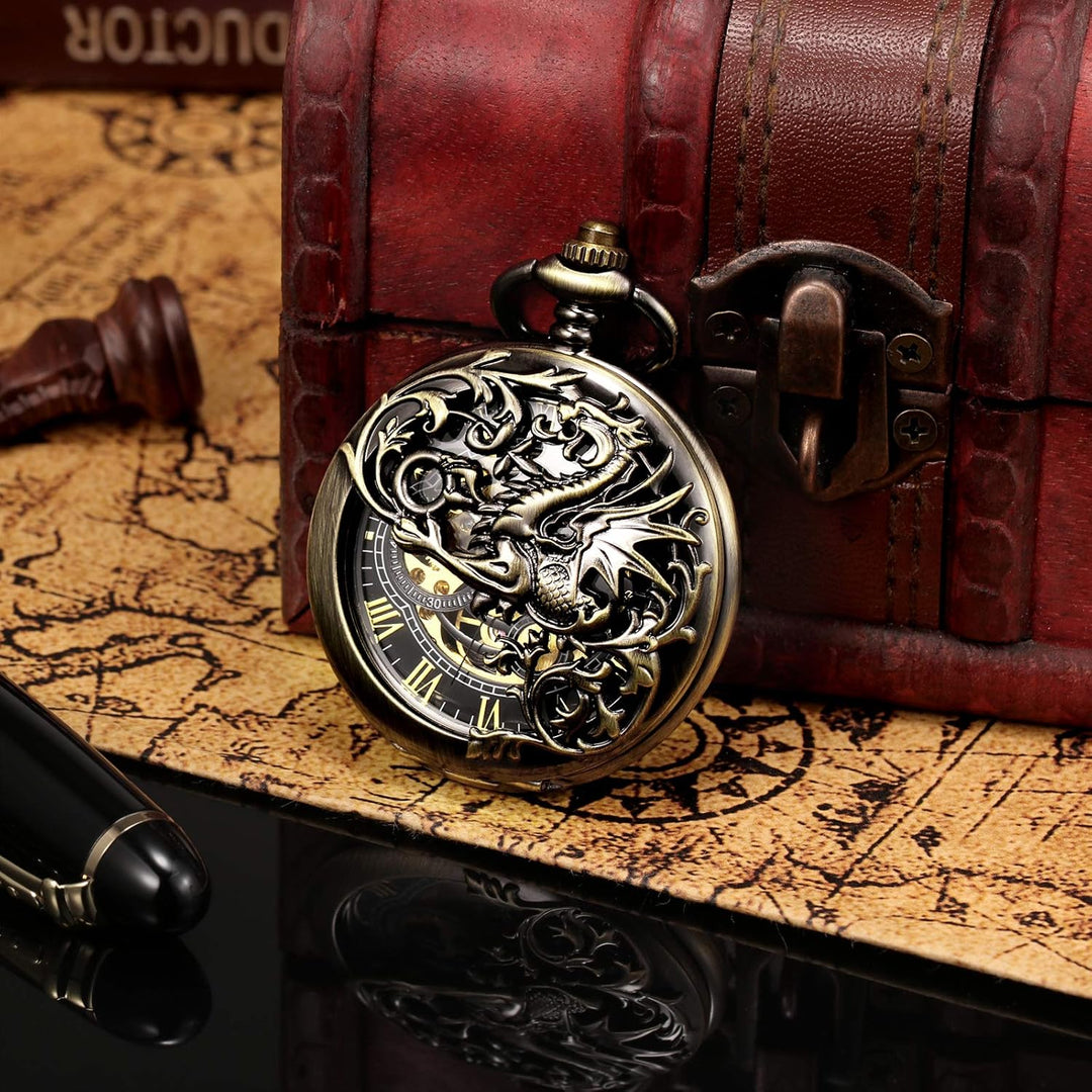 TREEWETO Unisex Taschenuhr mit Kette Analog Handaufzug Doppelscharnier Antik Drache Skelett Bronze 2