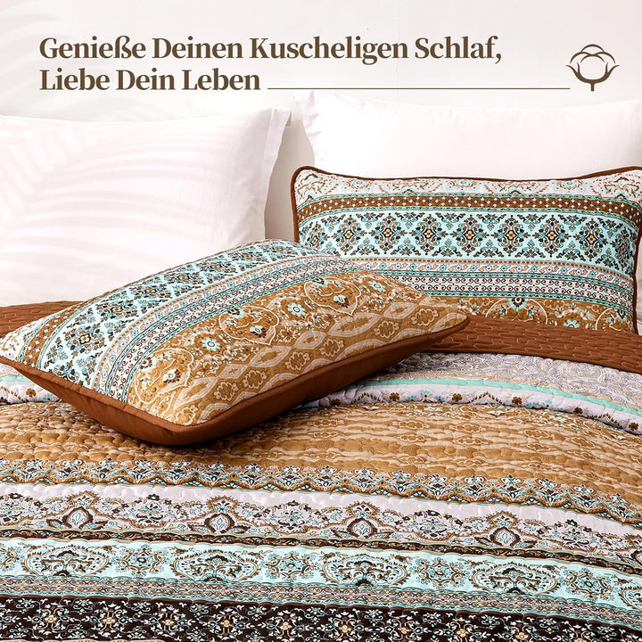 WONGS BEDDING Tagesdecke 220x240 Bettüberwurf Boho Decke Steppdecke 3 Teilig Doppelbett Gesteppt Bet