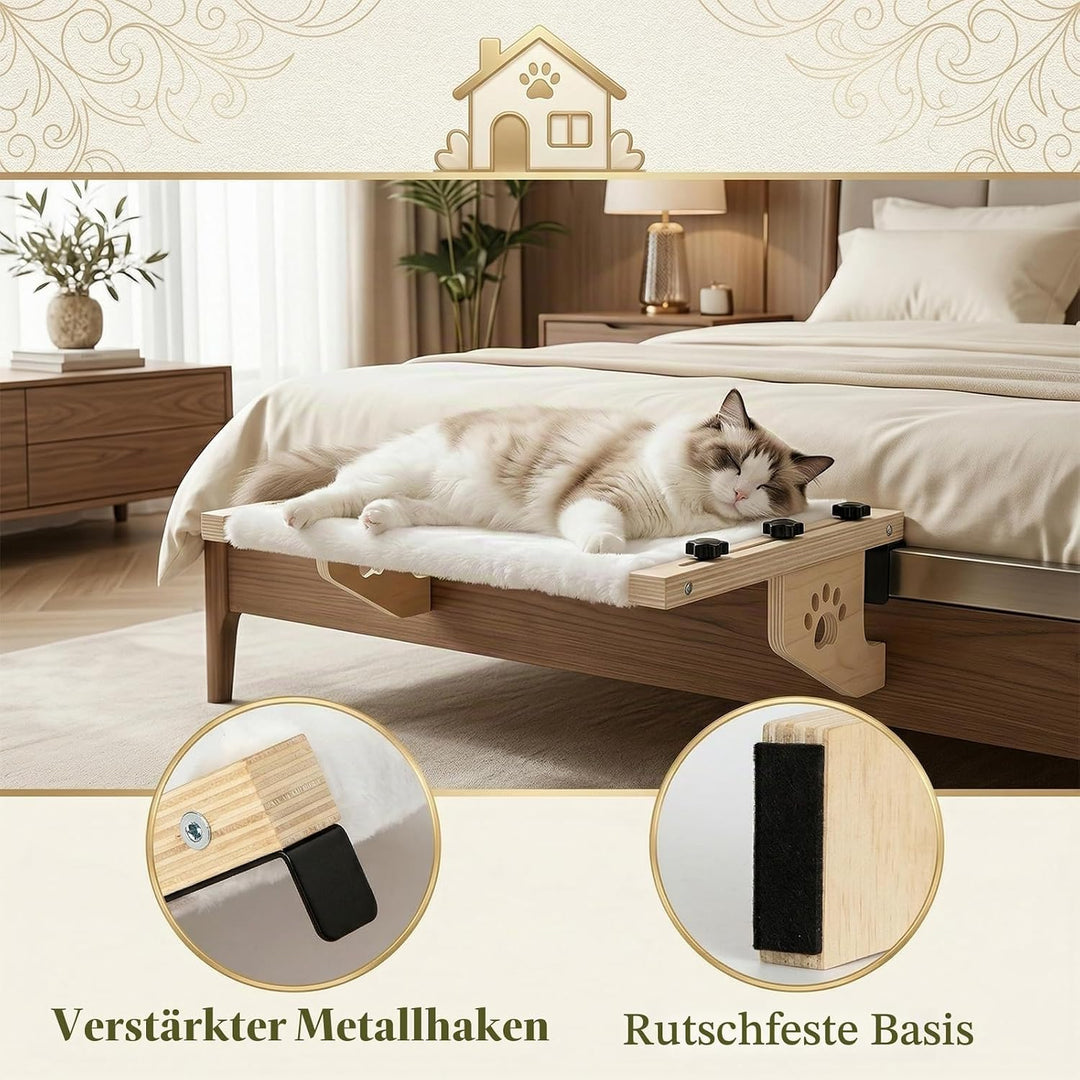 Heizungsliege Katze, Fensterbank Katzenliege Fenster aus Holz mit Waschbarem Plüschkissen, Katzenbet