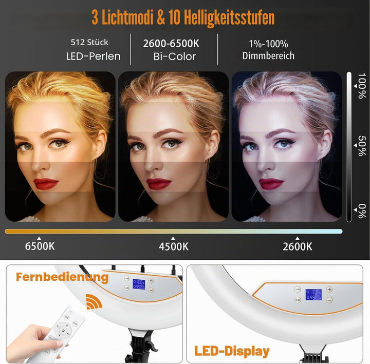 22-Zoll LED Ringlicht mit Stativ für iPhone/iPad, LCD-Display, 2600K-6500K Dimmbare, mit Bluetooth F