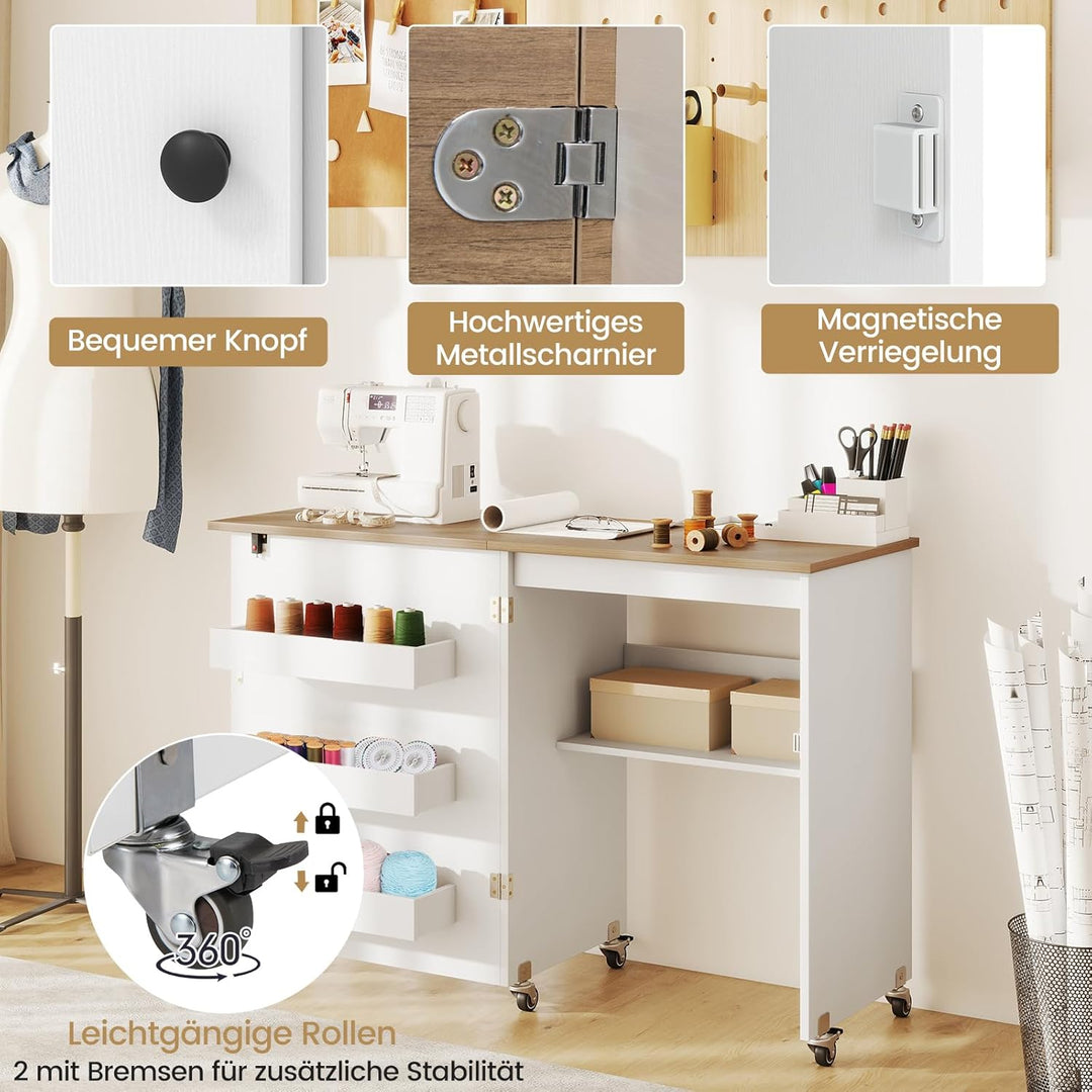 COSTWAY 2 in 1 Nähtisch klappbar, Nähmaschinenschrank aus Holz mit Regalen & Ablagefach, Nähschrank