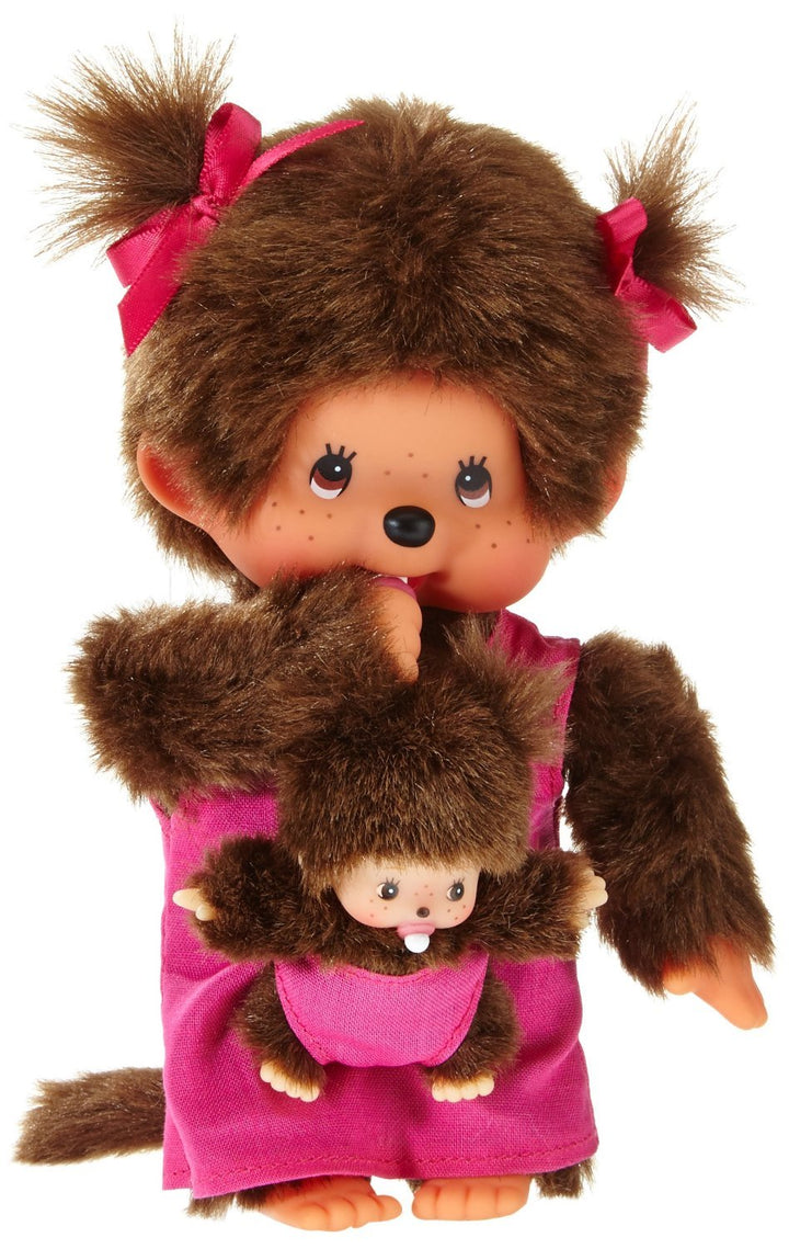 Sekiguchi 236200 - Original Monchhichi Mutter mit Baby, Plüschfigur mit pinkem Kleid und Schleife im