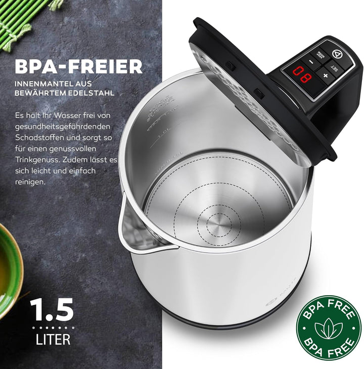 BALTER Edelstahl Wasserkocher mit Temperatureinstellung, 40°C-100°C, Doppelwand, BPA frei, leise & k
