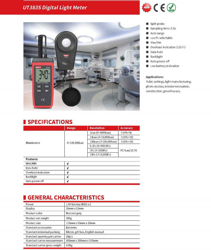 UNI-T Uni-trend Luminometer UT383S Digital Light Meter Lux/FC Meters Luminometer Photometer 200,000