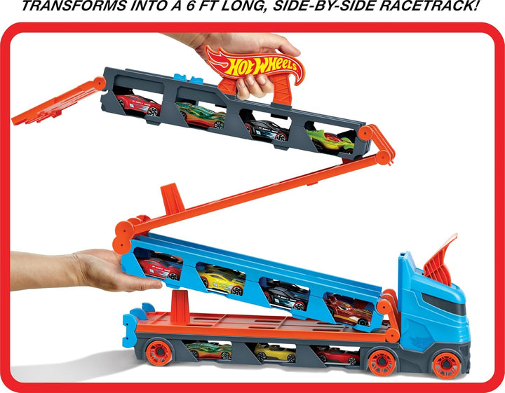 Hot Wheels 2:1 Autorennbahn zu Transporter, inkl. 3 Spielzeugautos, mit Doppelstarter, Auslösefunkti