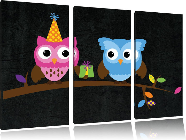 Pixxprint Party Eulen als Leinwandbild/Grösse: 3 Teilig (120x80) cm/Wandbild/Kunstdruck/fertig bespa