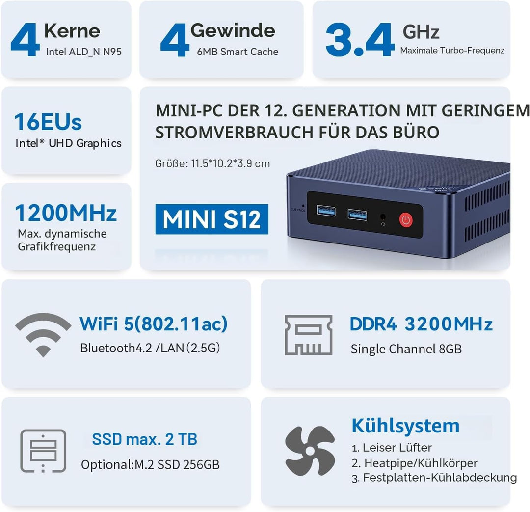Beelink MINI-S12 Mini PC, 12th Gen Intel Alder Lake-N95 Processor (up to 3.40GHz) Mini Computer, 8GB
