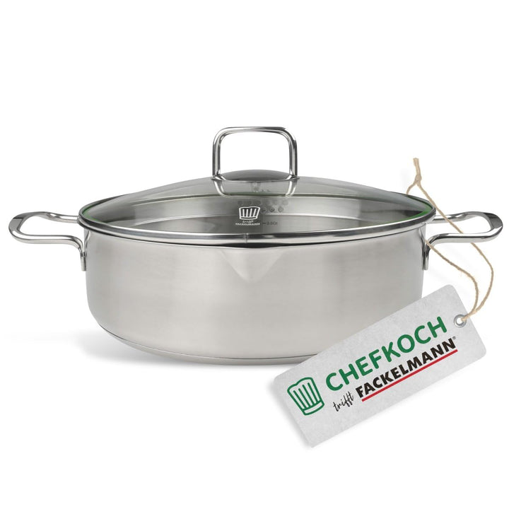 Fackelmann x Chefkoch Servierpfanne München Ø28 cm Edelstahl | Schmortopf mit Öl-Dosiersystem, Liter