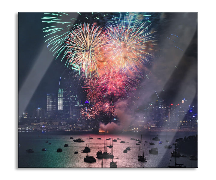Boot auf See Feuerwerk Herdabdeckplatte & Spritzschutz aus Echtglas | Für Herd-Kochfelder | 60x52 cm