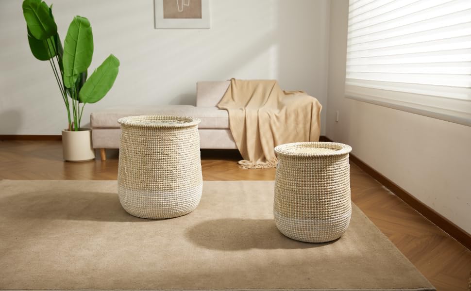 Stapelbar Körbe-Set Grosser Korb mit Deckel Wäschekorb Gewebter Körbe Badezimmer Aufbewahrung Kinder