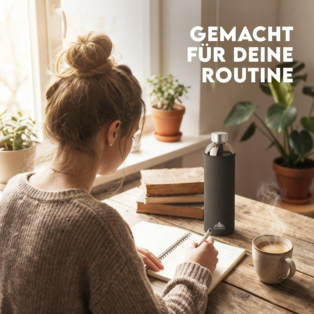 Mont-Clair Kristal Borosilikatglas Trinkflasche 1L - Wasserflasche Glas mit Neoprenhülle - Auslaufsi