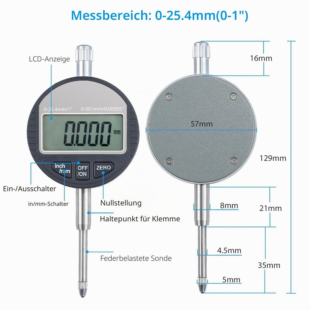 AUTOUTLET Digitale Messuhr 0.001mm/0.00005''Digital Messtaster 0-25.4mm/1'' Messbereich Digital Indi