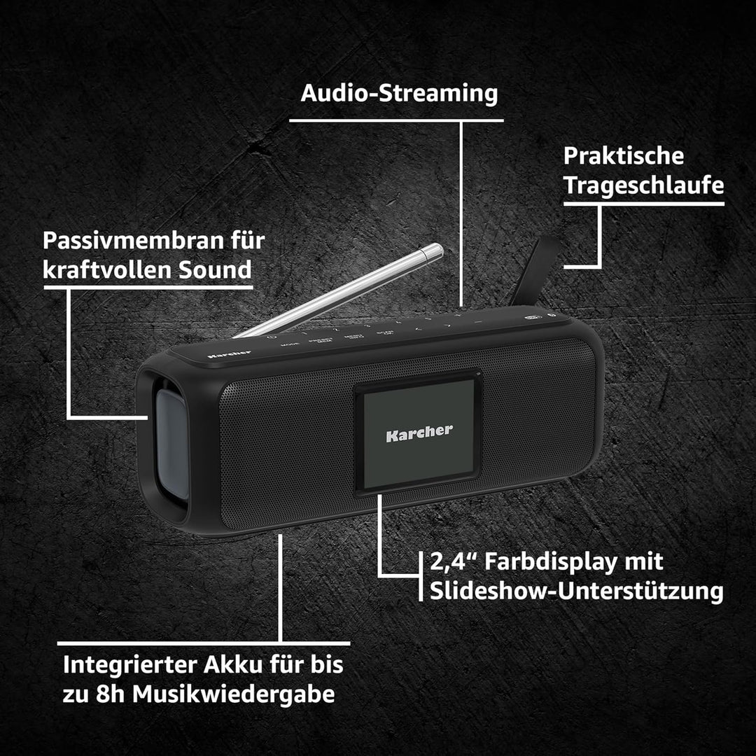 Karcher DAB Go tragbarer Bluetooth Lautsprecher & Digitalradio DAB+ / UKW Radio mit 2, 4" Farbdispla