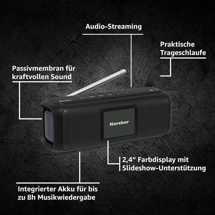 Karcher DAB Go tragbarer Bluetooth Lautsprecher & Digitalradio DAB+ / UKW Radio mit 2, 4" Farbdispla