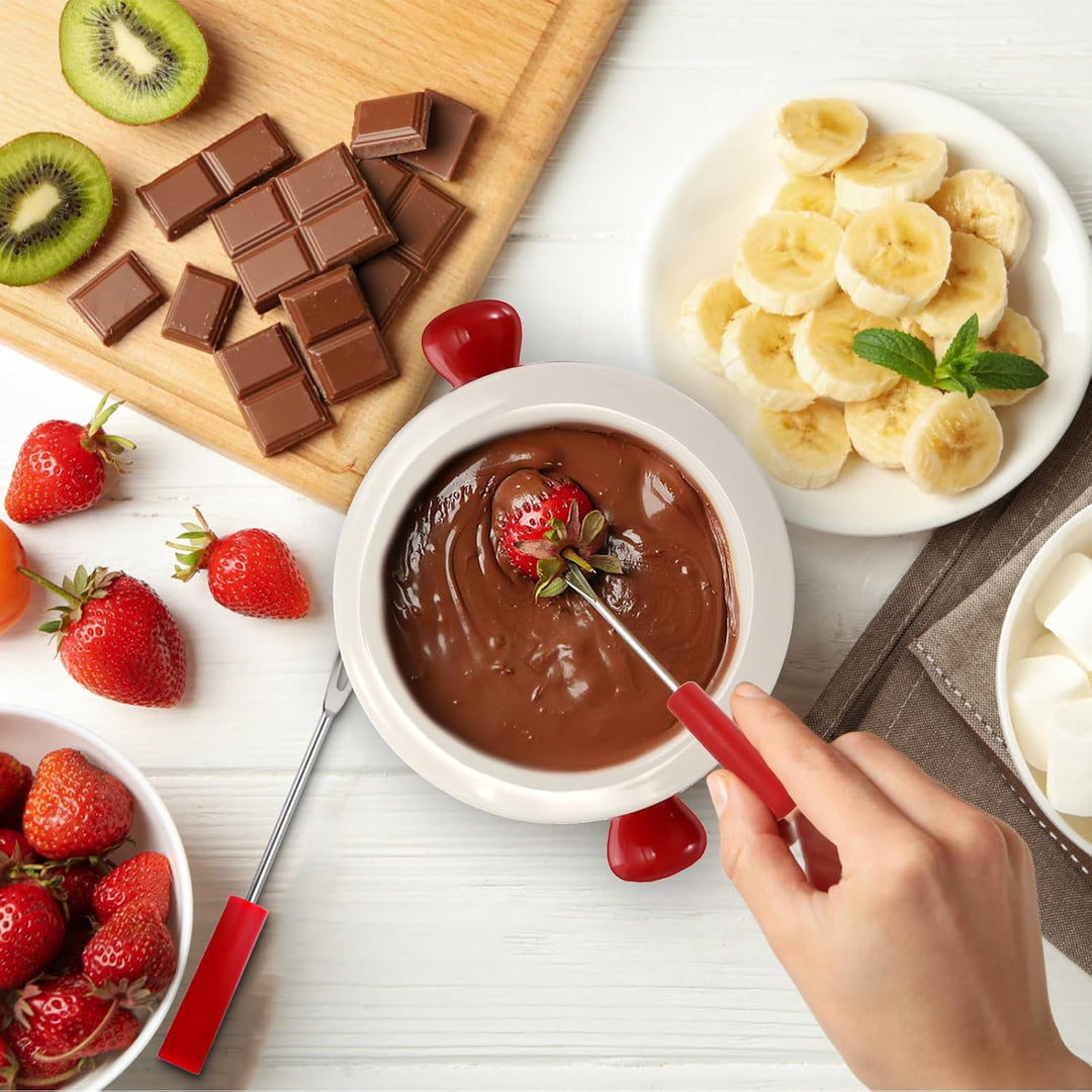 SUMNACON Keramike Schokofondue-Topf-Set mit 2 Gabeln, Schoko Fondueset,Käsefondue für Schokolade Käs