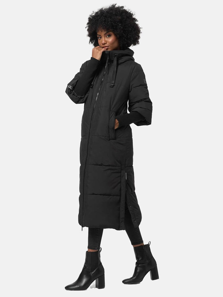 Navahoo Damen Wintermantel Warmer Steppmantel lang mit Kapuze und Rippstrickärmeln Ciao MIAU XIV XS-