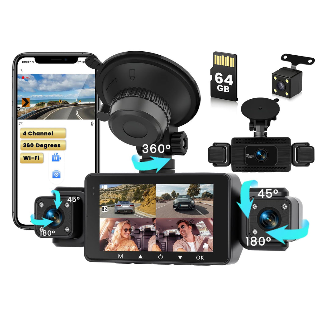 WiFi Dashcam Auto 4 Kanal, 360 Grad Dashcam FHD Vorne Hinten Innen Links und Rechts –Loop-Aufnahme,