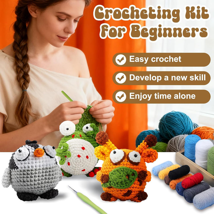 Welhammsae Häkelset für Anfänger, 4 Stück Tier Häckel Kit für Anfänger mit Garn, Häkelnadeln, Füllun