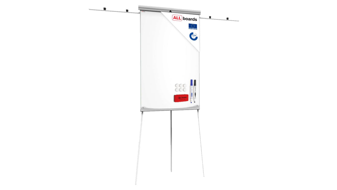 ALLboards Flipchart 100x70cm, mit Seitenarmen, Stativ, Dreibeinig, Höhenverstellbar, Whiteboard Magn