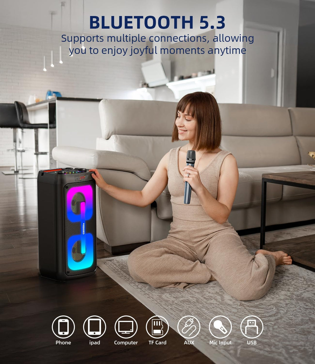 Karaoke Maschine mit 2 mikrofonen,tragbarer Bluetooth Karaoke Anlage mit LED Lichtern,PA System,idea