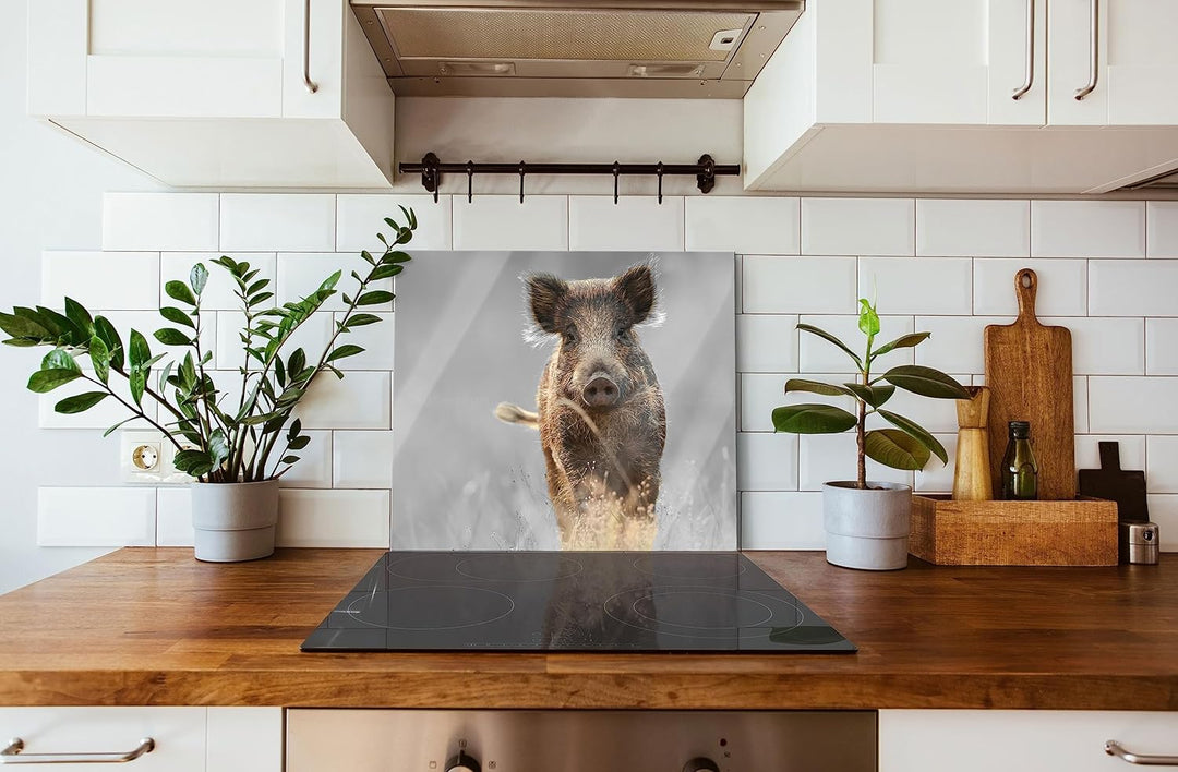 Neugieriges Wildschwein auf einem Feld B&W Detail Herdabdeckplatte & Spritzschutz aus Echtglas | Für