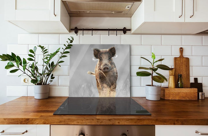 Neugieriges Wildschwein auf einem Feld B&W Detail Herdabdeckplatte & Spritzschutz aus Echtglas | Für