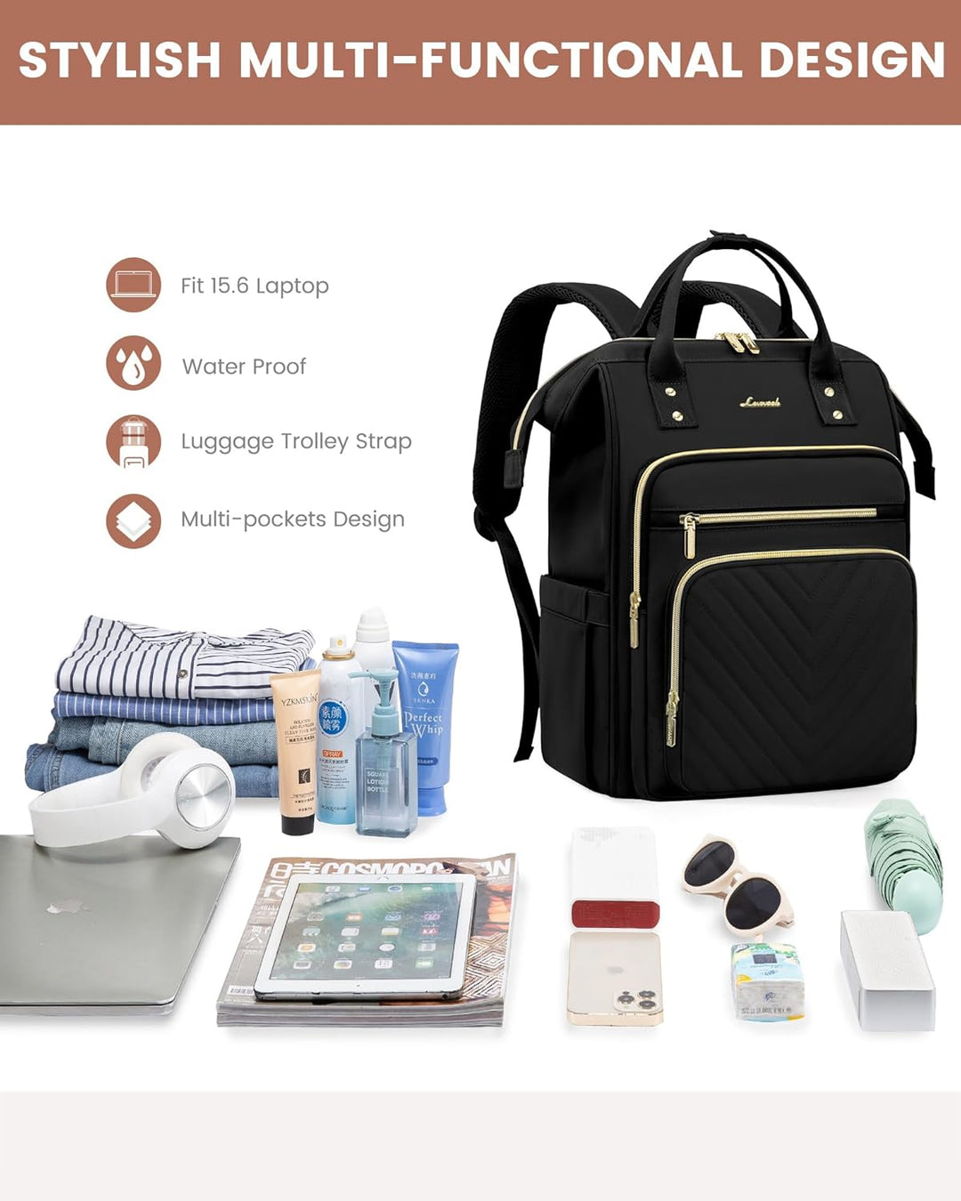 LOVEVOOK Rucksack Damen, 15,6 Zoll Laptop Schulrucksack Teenager Mädchen Wasserdicht, Elegant Reiser