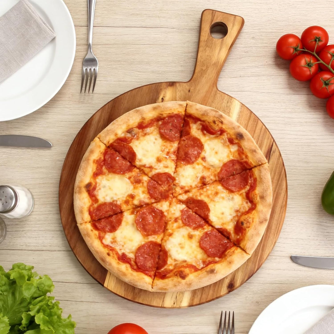 FARYODI 2 Stück 30 cm Pizzabrett Holz, Rund Pizzateller Holz, Pizza Teller Gross Schneidebrett mit G