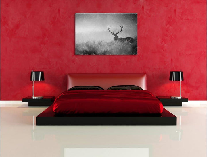 Pixxprint Rotwild Hirsch im Nebel Kunst als Leinwandbild/Grösse: 100x70 cm/Wandbild/Kunstdruck/ferti