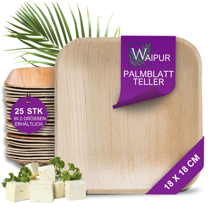Waipur Bio Palmblatt Teller - 25 Teller eckig 18x18 cm - Premium Einmalteller kompostierbar - Umwelt