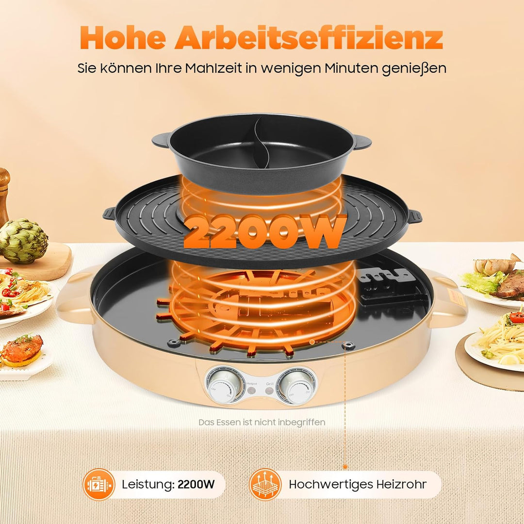 Elektrischer Hot Pot mit Grill 2200W 2-in-1 Elektrogrill mit abnehmbarem Mandarinentopf & Antihaft-B
