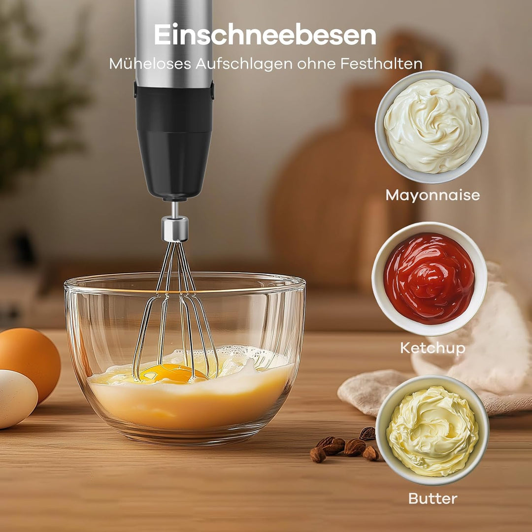 Ganiza Pürierstab 5-en-1, 1200W Stabmixer mit Geschwindigkeitsregelung & Turbo-Modi, Edelstahl Hand