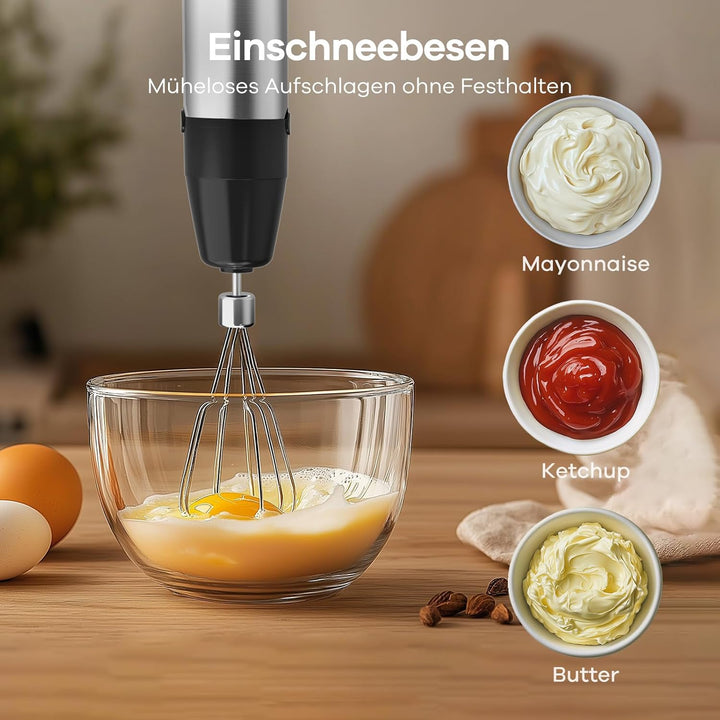 Ganiza Pürierstab 5-en-1, 1200W Stabmixer mit Geschwindigkeitsregelung & Turbo-Modi, Edelstahl Hand