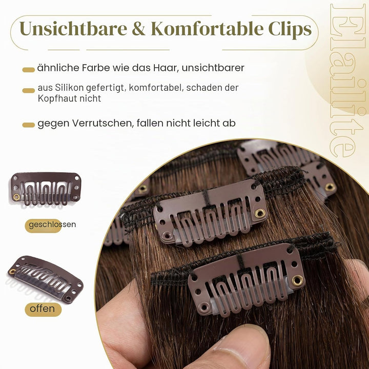 Elailite Extensions Echthaar Clip in 8 Tressen Glatt #4 Mittel braun, Haarverlängerung Real Human Ha