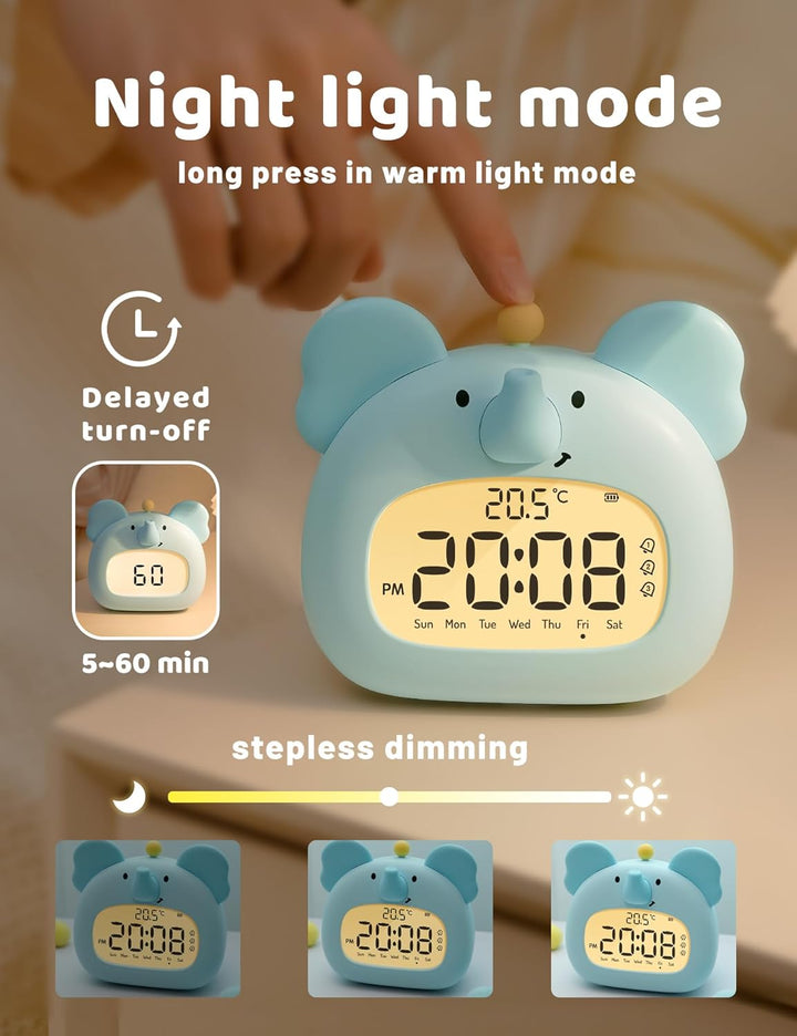 IHALO Elefanten Deko Kinderwecker, Nachttischwecker mit Nachtlicht, Digitales LED-Display, 3,15 Zoll