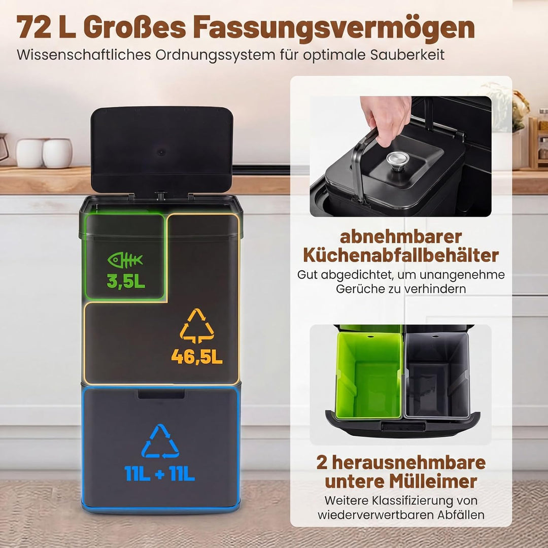 COSTWAY 72L Mülleimer 4 Fächer, elektrischer Abfalleimer mit Sensor, Mülltrennsystem 2 x 11L + 3,5L