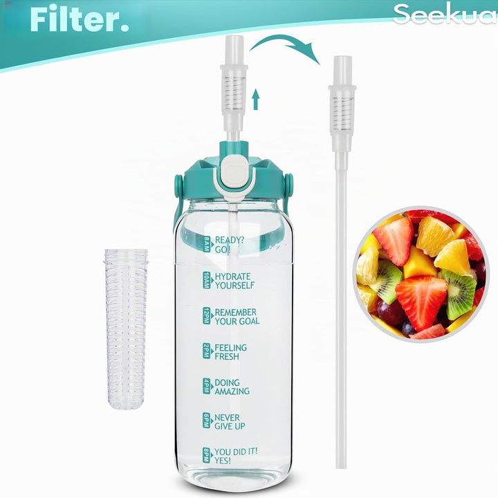 Seekua 1.5 liter Trinkflasche Glas Flasche mit Strohhalm & Zeitmarkierung, 1.5l Wasserflasche mit Fr