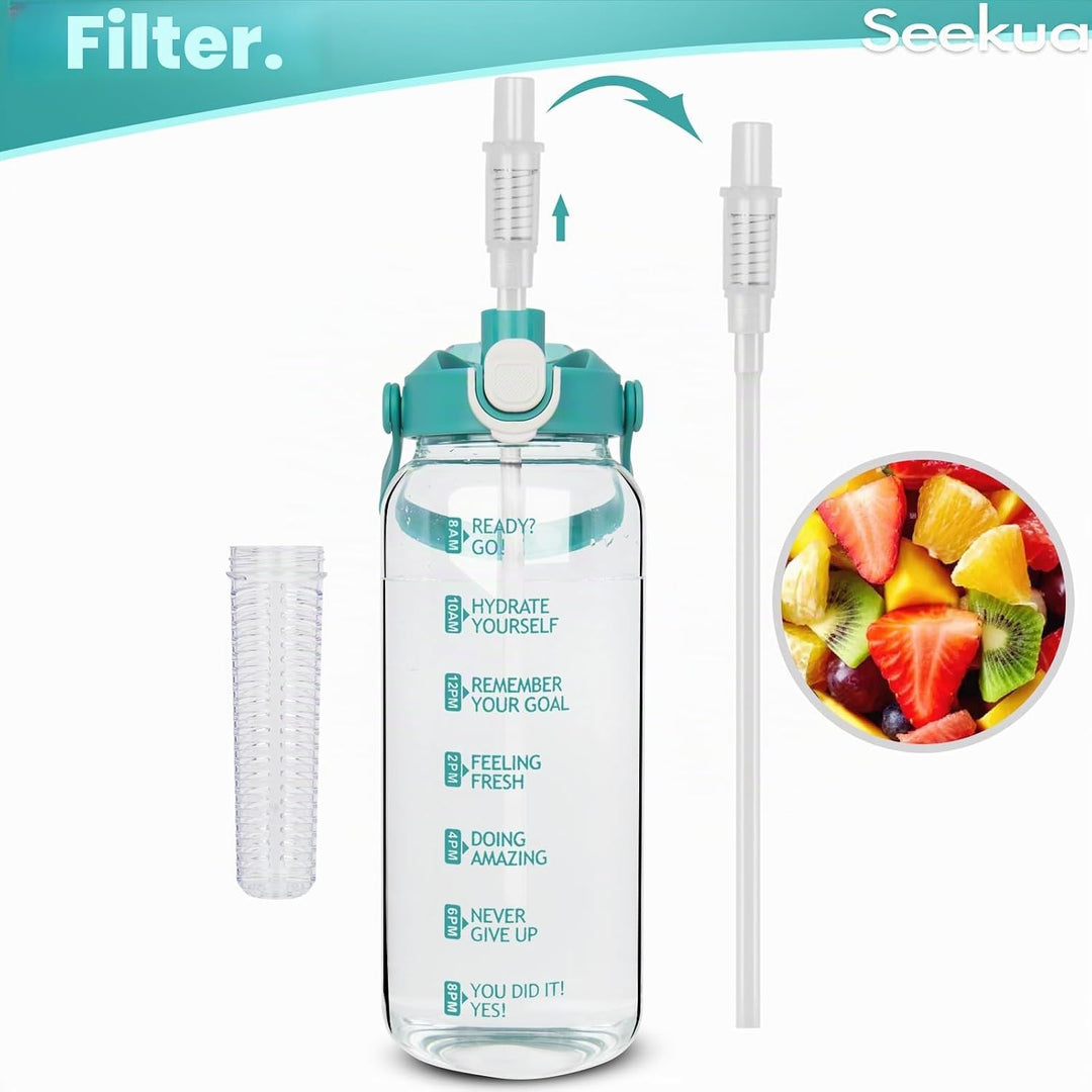 Seekua 2l Trinkflasche Glas Flasche mit Strohhalm & Zeitmarkierung, 2 liter Wasserflasche mit Frücht