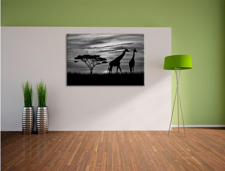 Pixxprint Monocrome, Afrika Giraffen im Sonnenuntergang, Format: 100x70 auf Leinwand, XXL riesige Bi