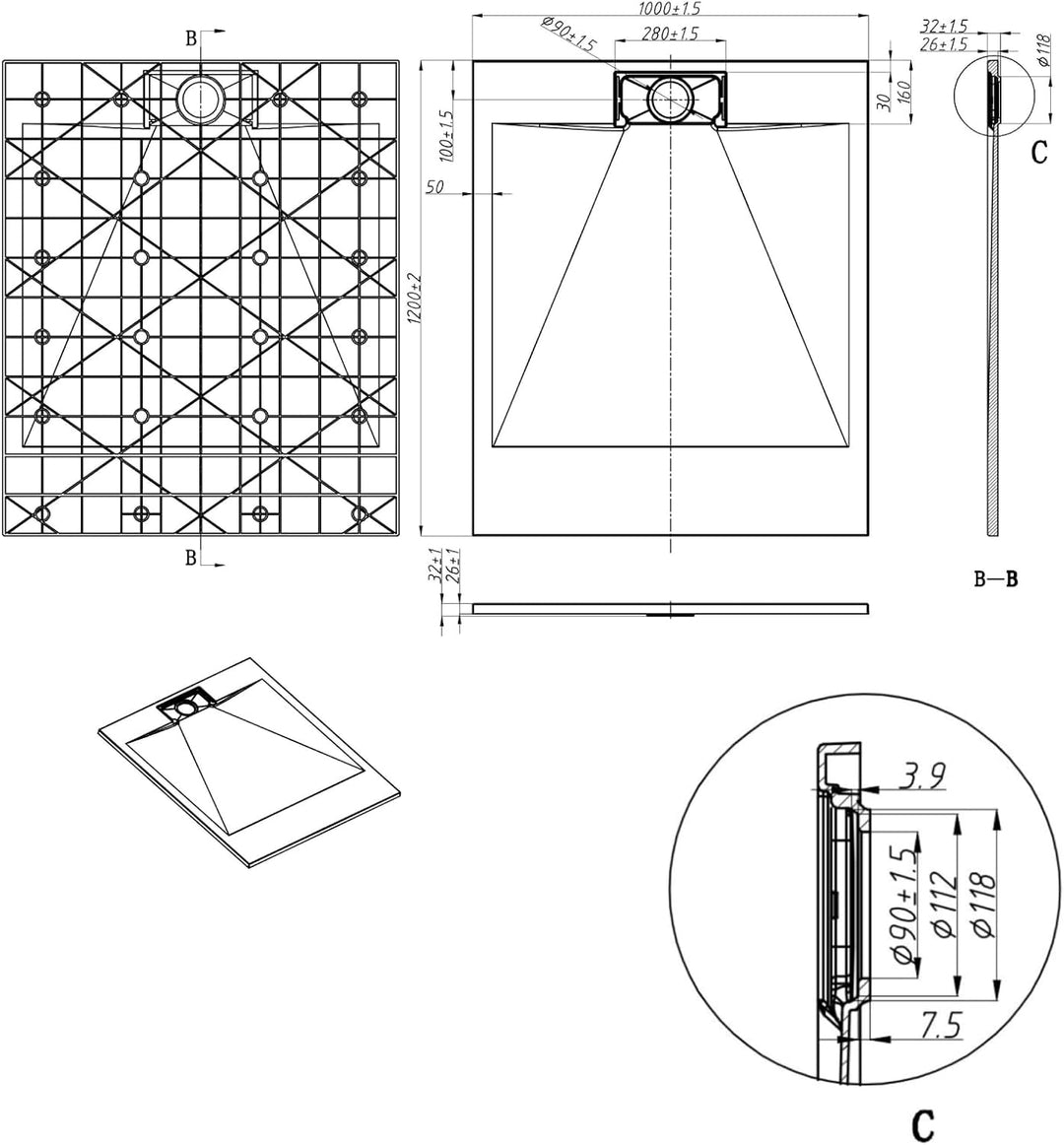 WITEN&NOCK Duschwanne 120x100 cm SMC Brausewanne weiss Steinoptik Anti-Rutsch Duschtasse Höhe 3,2 cm