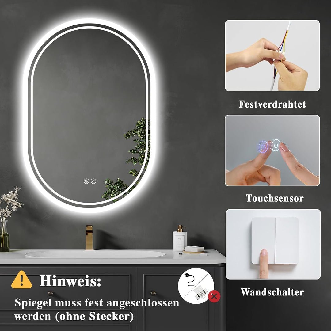 Badspiegel mit Beleuchtung 50x70cm: LED-Badezimmerspiegel Oval Badezimmer Spiegel mit Beschlagfrei,