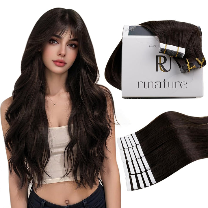 RUNATURE Tape in Extensions Echthaar Dunkelbraun Tape Echthaar Extensions 30cm Naturliches Tape in H