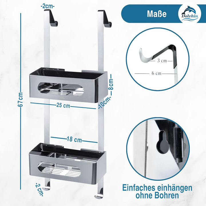 Dolvhin Duschablage zum Hängen | Patentiertes Duschregal ohne Bohren | Edelstahl Badregal Shampoohal