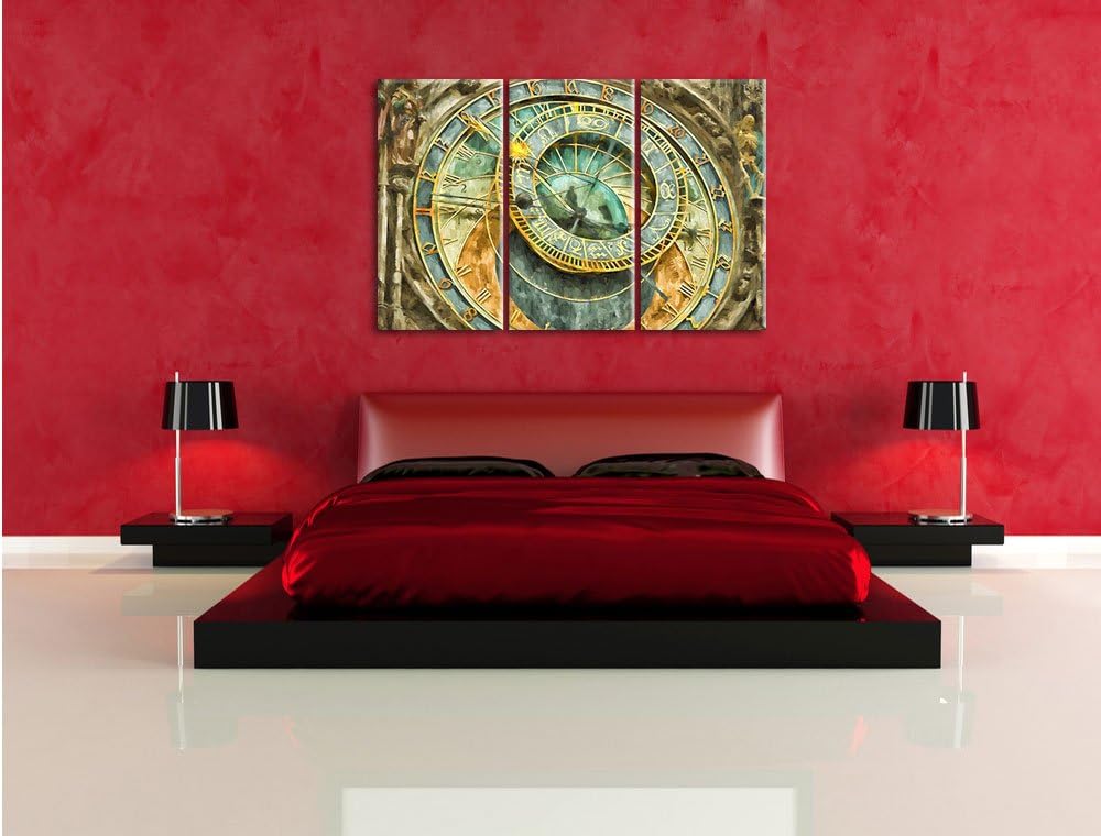 Pixxprint Prager Rathausuhr Pinsel Effekt 3-Teiler Leinwandbild 120x80 Bild auf Leinwand