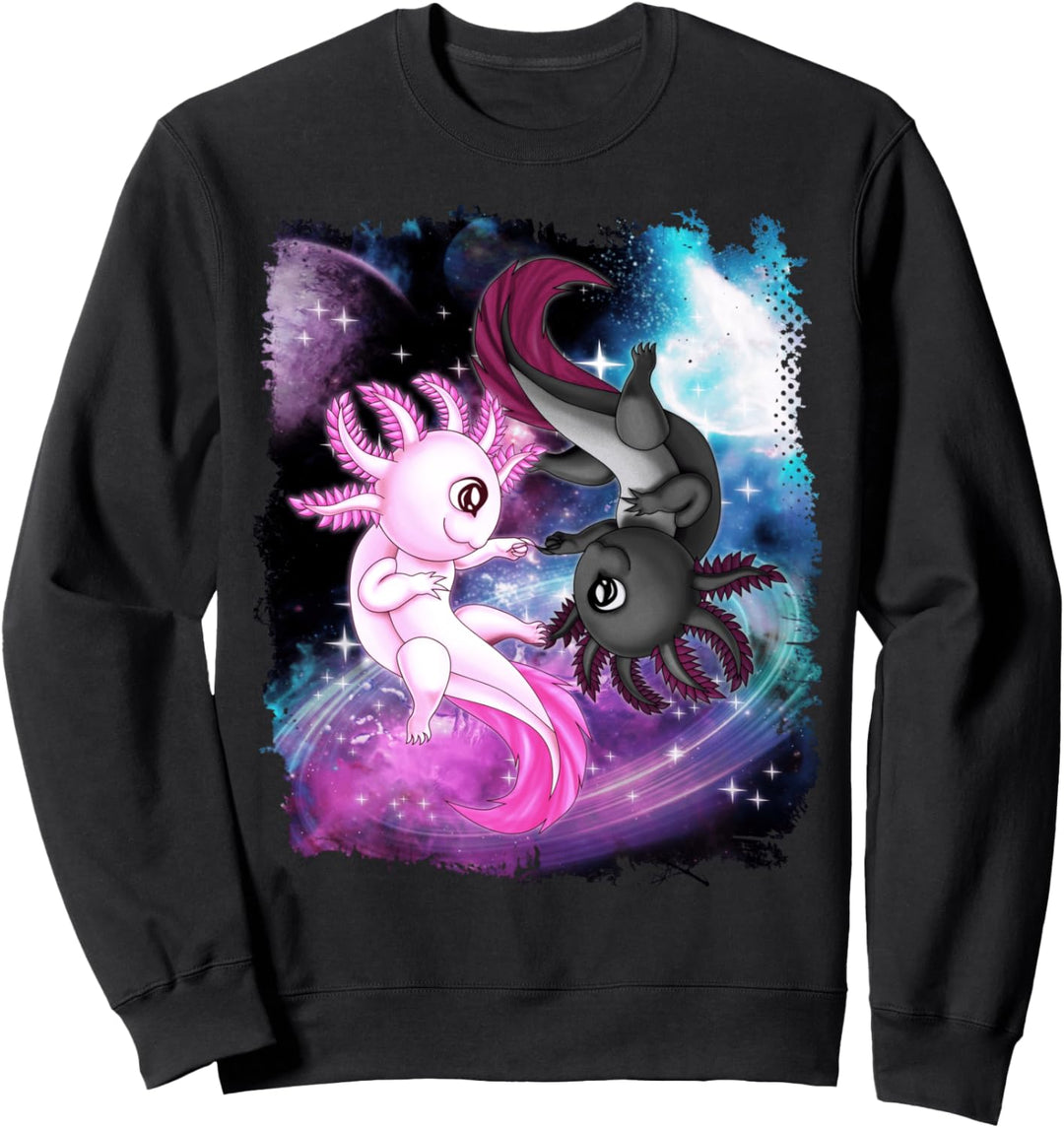 Niedliches Axolotl Yin Yang Plüschtier schwimmend Weltraum Mädchen Jungen Sweatshirt