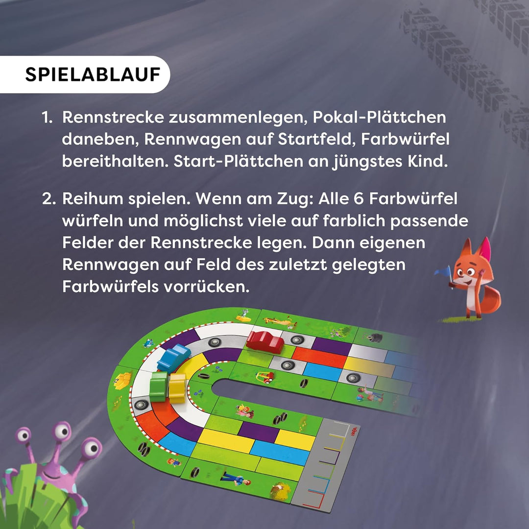 HABA Monza – Rasantes Brettspiel & Auto-Rennspiel für Kinder ab 5 Jahren – Mit 6 bunten Holzautos &