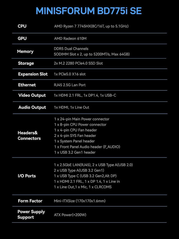 MINIS FORUM BD775i SE Motherboard, AMD Ryzen 7 7745HX 8C/16T bis zu 5,1 GHz, AMD Radeon 610M, Barebo