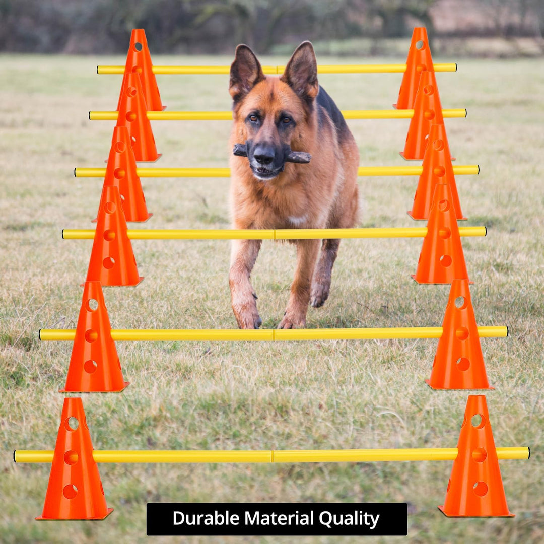 QWORK® Sports Steckhürdenset 12 Kegel + 6 Stangen Agility,23cm Höhe, 100cm Länge, Steckhürdenset für