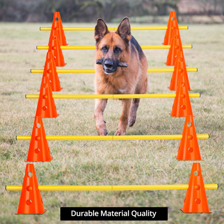 QWORK® Sports Steckhürdenset 12 Kegel + 6 Stangen Agility,23cm Höhe, 100cm Länge, Steckhürdenset für