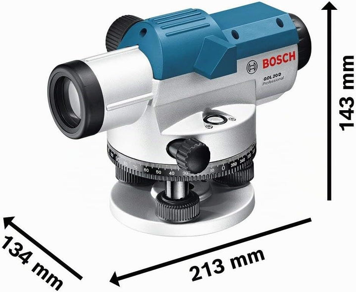 Bosch Professional Optisches Nivelliergerät GOL 20 D (20-fache Vergrösserung, Masseinheit: 360 Grad,